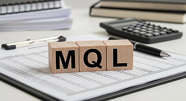 Wooden blocks spelling MQL resting on a financial report in a bright office setting symbolizing marketing qualified leads and business growth with a focus on datadriven strategies and sales alignment photo