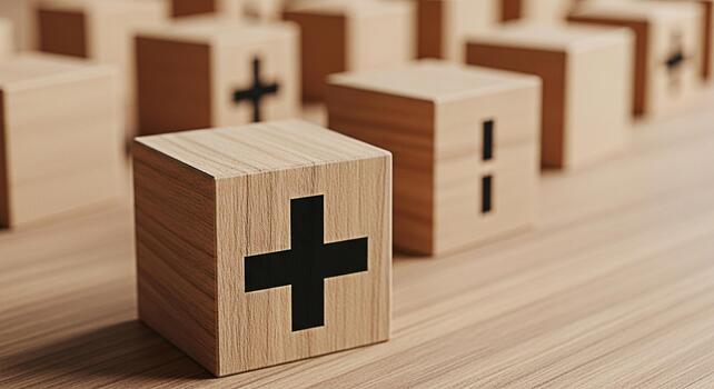 Wooden blocks displaying plus and minus signs on a wooden surface representing addition subtraction and mathematical concepts in a clean and minimalist setting conveying a sense of balance and precisi photo