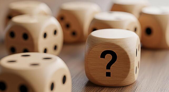 Wooden dice displaying a question mark on a wooden surface symbolizing uncertainty and the need for decisionmaking in a complex and challenging environment evoking a sense of curiosity and anticipatio photo