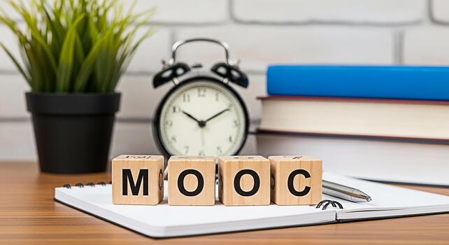 Wooden blocks spelling MOOC on a notebook in a bright modern study environment representing online education and accessible learning with a focus on convenience and time management photo
