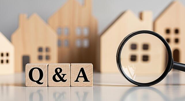 Wooden blocks displaying Q A with a magnifying glass examining miniature house models on a reflective surface representing real estate questions and answers in a bright informative setting photo