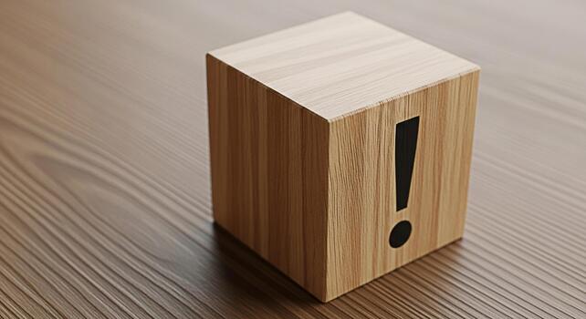 Wooden block displaying an exclamation mark on a wooden surface symbolizing attention caution and the importance of clear communication in a minimalist and modern setting photo