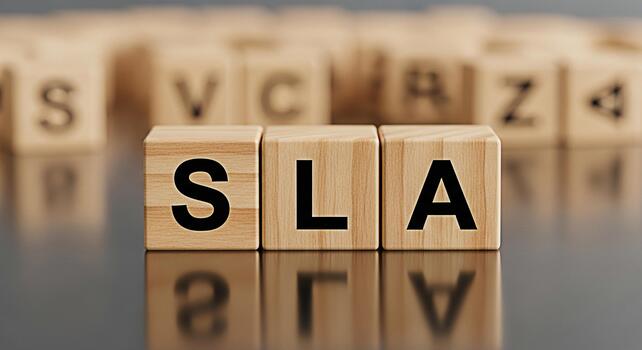 Wooden blocks spelling SLA on a reflective surface representing Service Level Agreement in a corporate setting conveying a sense of commitment and professional business standards for quality assurance photo