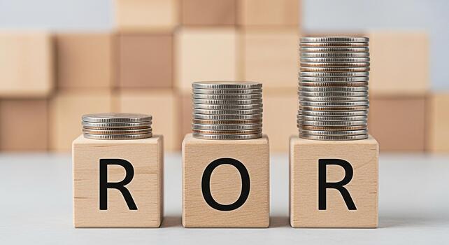 Stacks of coins growing on wooden blocks spelling ROR in a bright studio setting representing return on investment and financial growth with a focus on business success and investment strategy photo