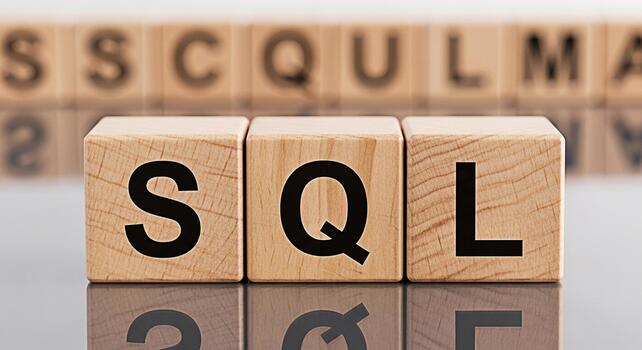 Wooden blocks displaying SQL in a reflective studio environment representing database management and data querying concepts for software development and information technology professionals photo