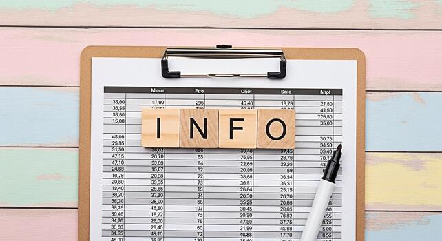 Informative financial report on a clipboard displaying data analysis and insights presented with wooden block letters spelling INFO offering a clear and concise overview of key performance indicators photo