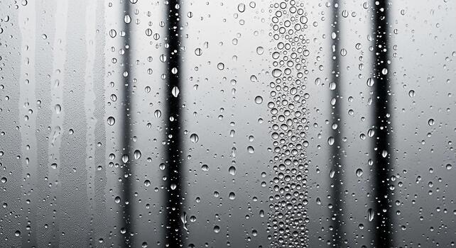 Condensation droplets clinging to a window pane in a steamy bathroom creating a textured abstract pattern evoking a sense of intimacy and privacy on a rainy day with blurred background photo