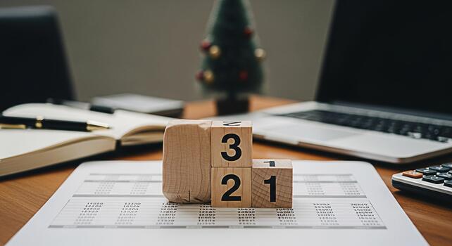 Wooden blocks counting down on a financial report in a cozy office setting with a miniature Christmas tree symbolizing the yearend review and planning for the new year with a hopeful and festive mood photo