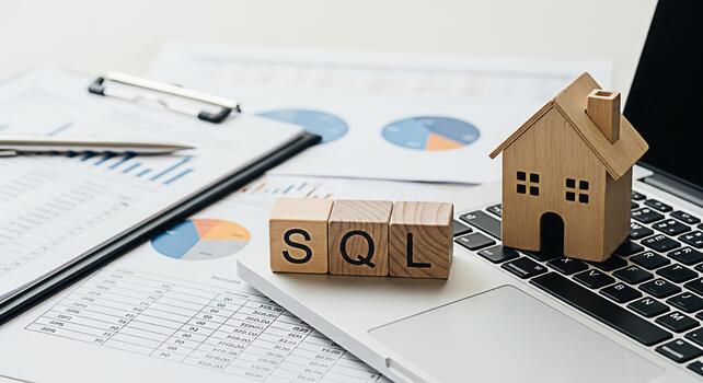 Wooden SQL blocks and a miniature house resting on a laptop in a bright office setting symbolizing database management for real estate and the importance of structured query language in property analy photo