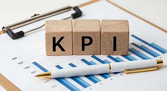 Wooden blocks spelling KPI resting on a financial graph with a pen in a bright office setting representing key performance indicators and business success growth and strategic planning photo