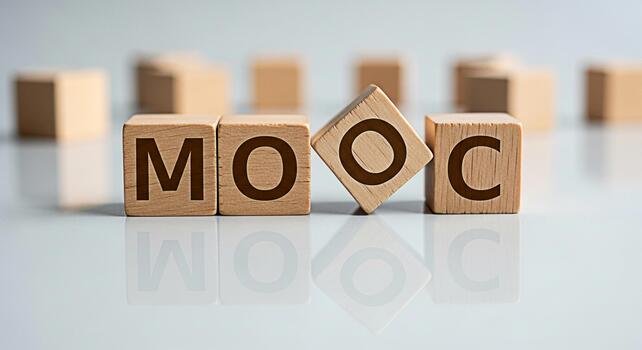 Wooden blocks spelling MOOC on a reflective surface representing online education and learning symbolizing accessibility and flexibility in a modern educational environment conveying a message of oppo photo