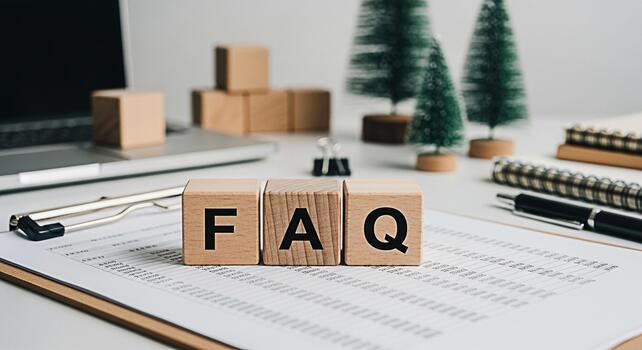 Wooden blocks spelling FAQ on a clipboard with financial data in a bright office setting symbolizing information access and customer support with a clean and organized aesthetic conveying professional photo