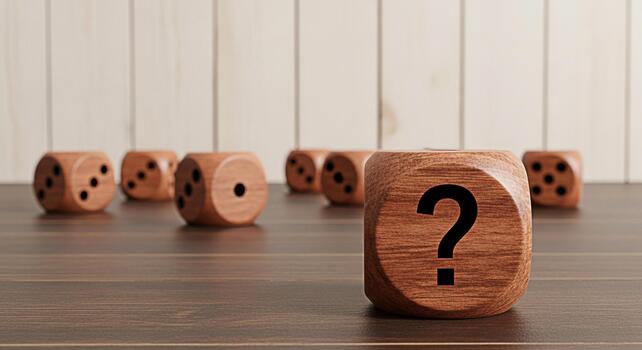 Wooden dice displaying a question mark on a wooden table against a blurred background representing uncertainty decisionmaking and the unknown creating a sense of mystery and anticipation photo
