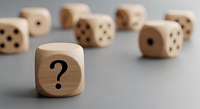 Wooden dice displaying a question mark on a gray surface symbolizing uncertainty and risk creating a sense of curiosity and challenge in a minimalist studio setting ideal for business and educational photo