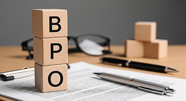 Wooden blocks spelling BPO stacked on a desk with documents pens and glasses representing business process outsourcing and efficient workflow in a professional office environment photo