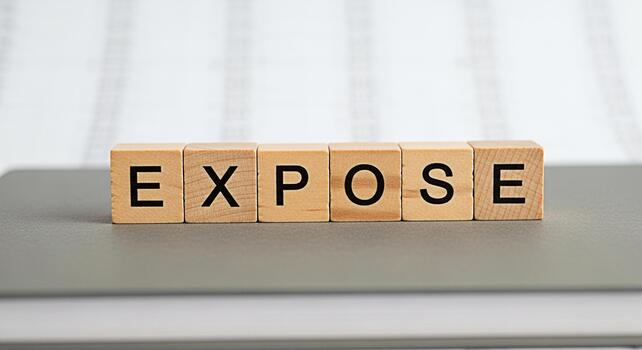 Wooden blocks spelling EXPOSE on a gray surface in a bright studio symbolizing transparency revelation and the importance of uncovering hidden truths in business and personal life photo