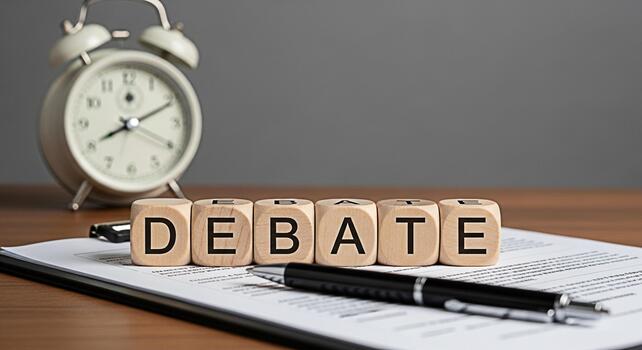 Wooden blocks spelling DEBATE on a document with a pen and alarm clock in a neutral setting representing the concept of timesensitive discussions and critical thinking in decisionmaking processes photo