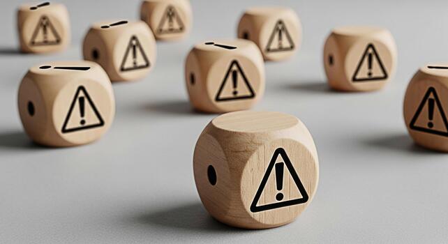 Wooden dice displaying warning signs on a gray surface symbolizing risk assessment and hazard identification in a business environment conveying a sense of caution and potential danger photo