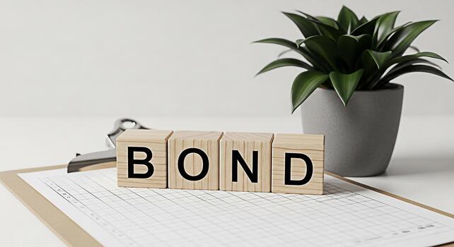 Wooden blocks spelling BOND resting on a clipboard with a graph paper background in a bright office setting symbolizing financial security and investment opportunities photo