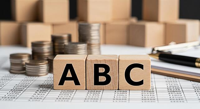 Wooden blocks spelling ABC on a financial report with stacked coins and boxes symbolizing basic accounting principles and financial literacy in a business environment conveying a sense of learning and photo