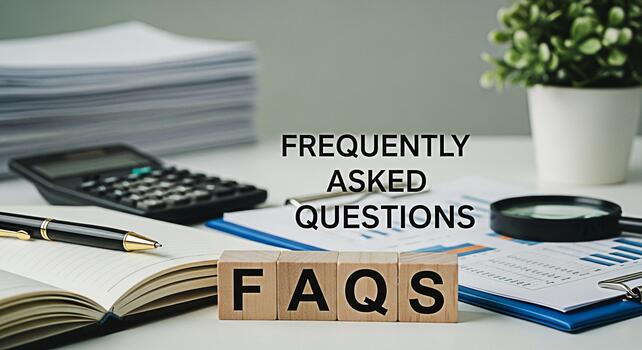 FAQs wooden blocks on a bright office desk with financial reports and a pen representing frequently asked questions and information creating a clear and informative atmosphere for business support photo