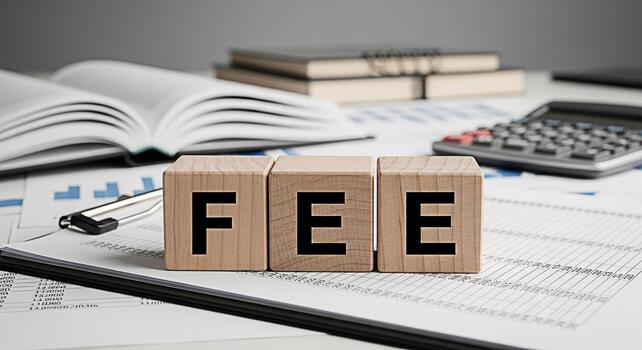 Wooden blocks spelling FEE on a desk with financial reports calculator and open book representing business expenses costs and the concept of financial management in a professional setting photo