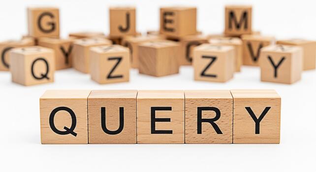 Wooden alphabet blocks spelling QUERY on a white surface representing information seeking and data analysis in a bright clean studio setting conveying a sense of clarity and precision photo