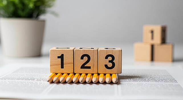 Wooden number blocks displaying 1 2 and 3 arranged on pencils in a bright studio setting symbolizing education learning and early childhood development with a clean and minimalist aesthetic photo