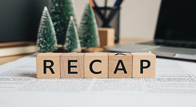Wooden blocks spelling RECAP on a documentcovered desk in a modern office setting symbolizing review and summary with miniature Christmas trees adding a festive yet professional atmosphere photo