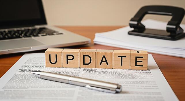 Wooden blocks spelling UPDATE resting on a document in a bright office setting symbolizing the need for revisions upgrades and staying current in business and technology photo