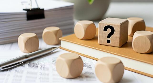Wooden question mark cube resting on a book surrounded by blank wooden cubes a pen and paperwork in a bright office setting representing uncertainty problemsolving and the search for answers photo