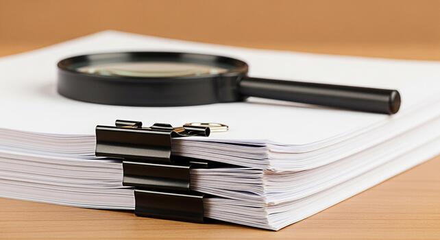Magnifying glass resting on a stack of documents secured with binder clips on a wooden desk symbolizing investigation analysis and attention to detail in a professional environment photo