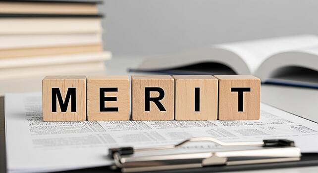 Wooden blocks spelling MERIT resting on a clipboard with financial documents in a bright office setting symbolizing achievement success and recognition of valuable contributions photo