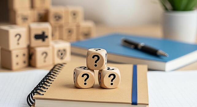 Wooden dice displaying question marks resting on a notebook in a bright office setting symbolizing uncertainty problemsolving and the search for answers in business and education contexts photo