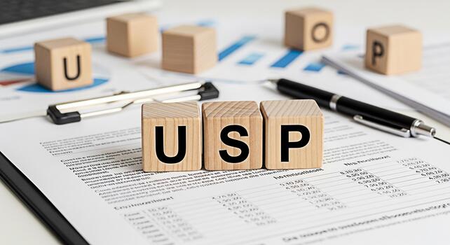 Wooden blocks spelling USP resting on a financial document with charts and data representing Unique Selling Proposition in a business environment conveying a strategic and analytical concept photo