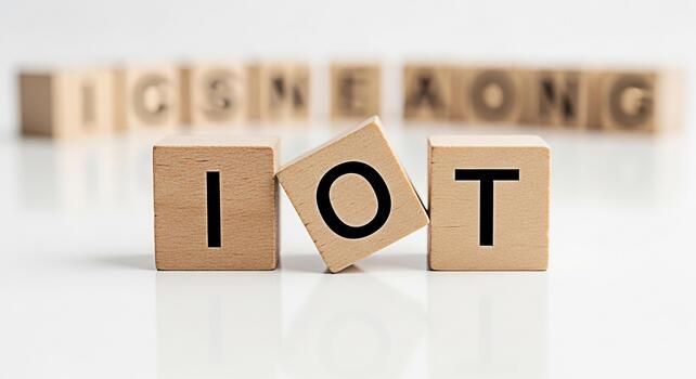 Wooden blocks spelling IOT on a white surface representing the concept of the Internet of Things and technological advancement in a clean minimalist setting conveying innovation and connectivity photo