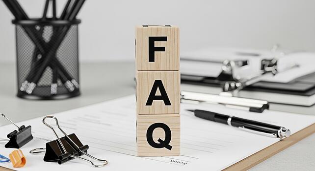 FAQ wooden blocks standing on a desk in a bright office environment representing frequently asked questions and providing helpful information with a clean and professional aesthetic photo