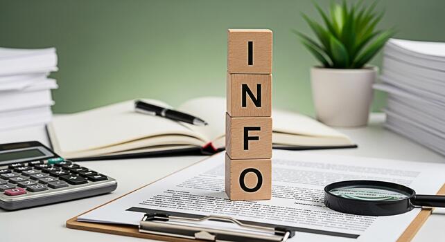 Wooden blocks spelling INFO on a desk with documents and a calculator symbolizing data analysis and information gathering in a professional office environment conveying a sense of organization and pre photo