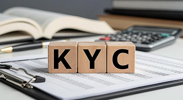 Wooden blocks displaying KYC on a financial document in a bright office representing compliance and due diligence for banking and business promoting trust and security in financial transactions photo