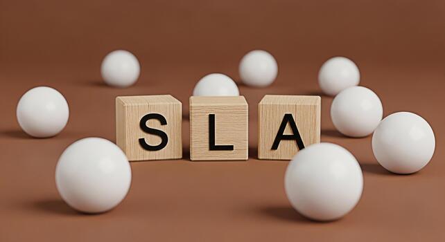 Wooden blocks displaying SLA surrounded by white spheres on a brown surface representing Service Level Agreement in a minimalist and conceptual presentation emphasizing clarity and precision photo