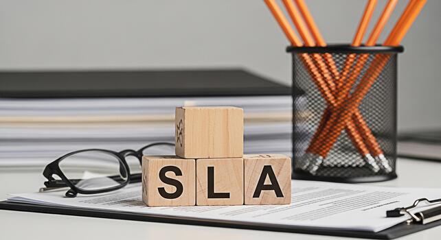 Wooden blocks spelling SLA on a desk with documents and pencils representing Service Level Agreement in a professional office environment emphasizing business terms and commitment to quality service photo