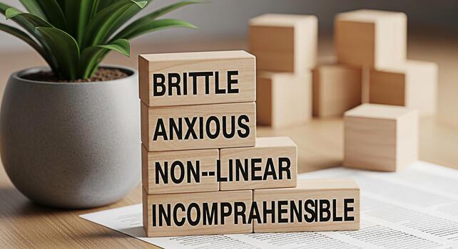 Stacked wooden blocks displaying negative emotions and concepts on a wooden desk with a plant creating a mood of complexity and difficulty in a professional setting photo