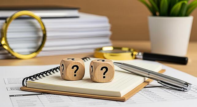 Wooden dice displaying question marks resting on a notebook amidst financial documents in a bright office symbolizing uncertainty and the need for investigation in business and financial planning photo