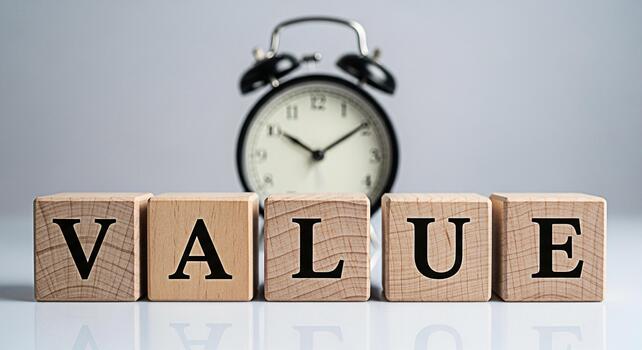 Wooden blocks spelling Value sitting on a reflective surface with a blurred alarm clock in the background representing time value and the importance of prioritizing values in a timely manner photo