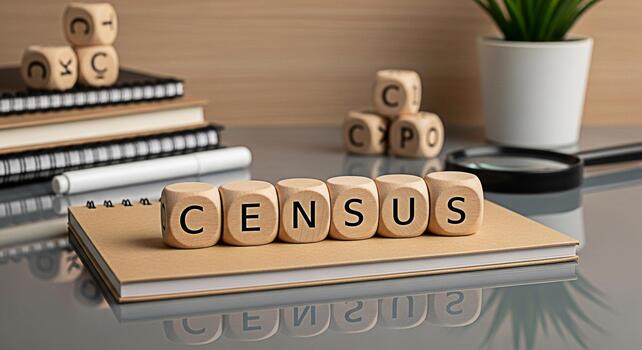 Wooden blocks spelling Census resting on a notebook in a bright modern office symbolizing the importance of population data and demographic analysis for informed decisionmaking and societal understand photo