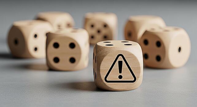 Wooden dice displaying an alert symbol on a gray surface representing risk assessment and hazard identification in a business strategy creating a sense of caution and awareness of potential dangers photo
