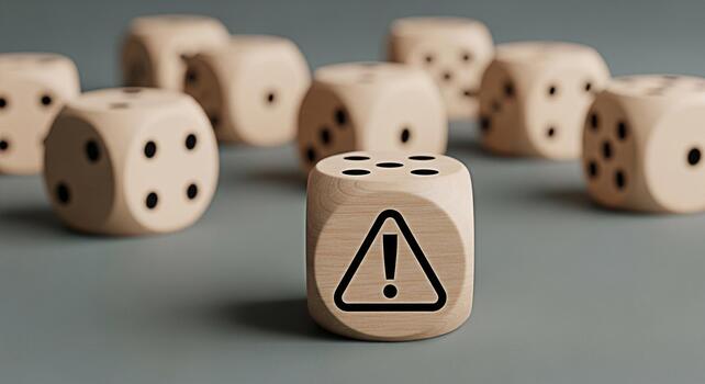 Wooden dice with an exclamation mark warning symbol on a gray surface representing risk assessment and hazard identification in business strategy and decisionmaking conveying a sense of caution and aw photo