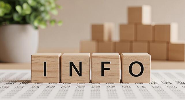 Wooden blocks spelling INFO on a financial document stacked in a neat arrangement symbolizing knowledge data analysis and the importance of information in business decisions and strategic planning photo