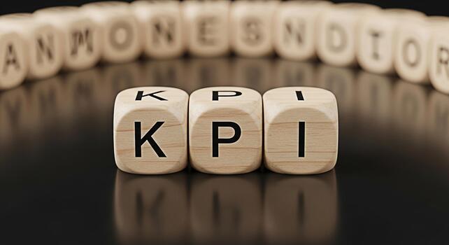 Wooden blocks spelling out KPI on a reflective black surface surrounded by other blocks with letters representing key performance indicators and business success in a corporate environment photo