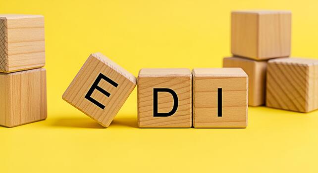 Wooden blocks spelling EDI on a bright yellow background representing Electronic Data Interchange streamlining business communication and data transfer for efficiency and modernization in the digital photo